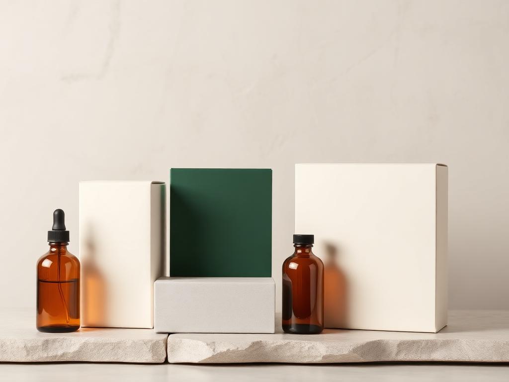 Amber bottles and minimal packaging on a neutral background